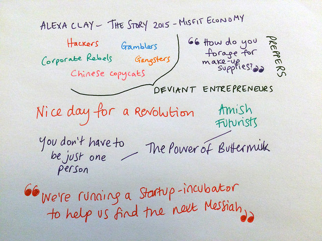 My notes on Alexa Clay at The Story 2015: Deviant entrepreneurs like corporate rebels, hackers, gamblers, Chinese copycats and gangsters - and drug dealers! - have a lot to teach traditional businesses. She met preppers and wanted to ask them: 'how do you forage for makeup supplies?'. You don't have to be just one person - the 'Amish Futurists' invented a new way to make buttermilk on their farms. And hilariously, Californians didn't realise that a new website 'startup incubator to find the next Messiah' was in fact satire. 