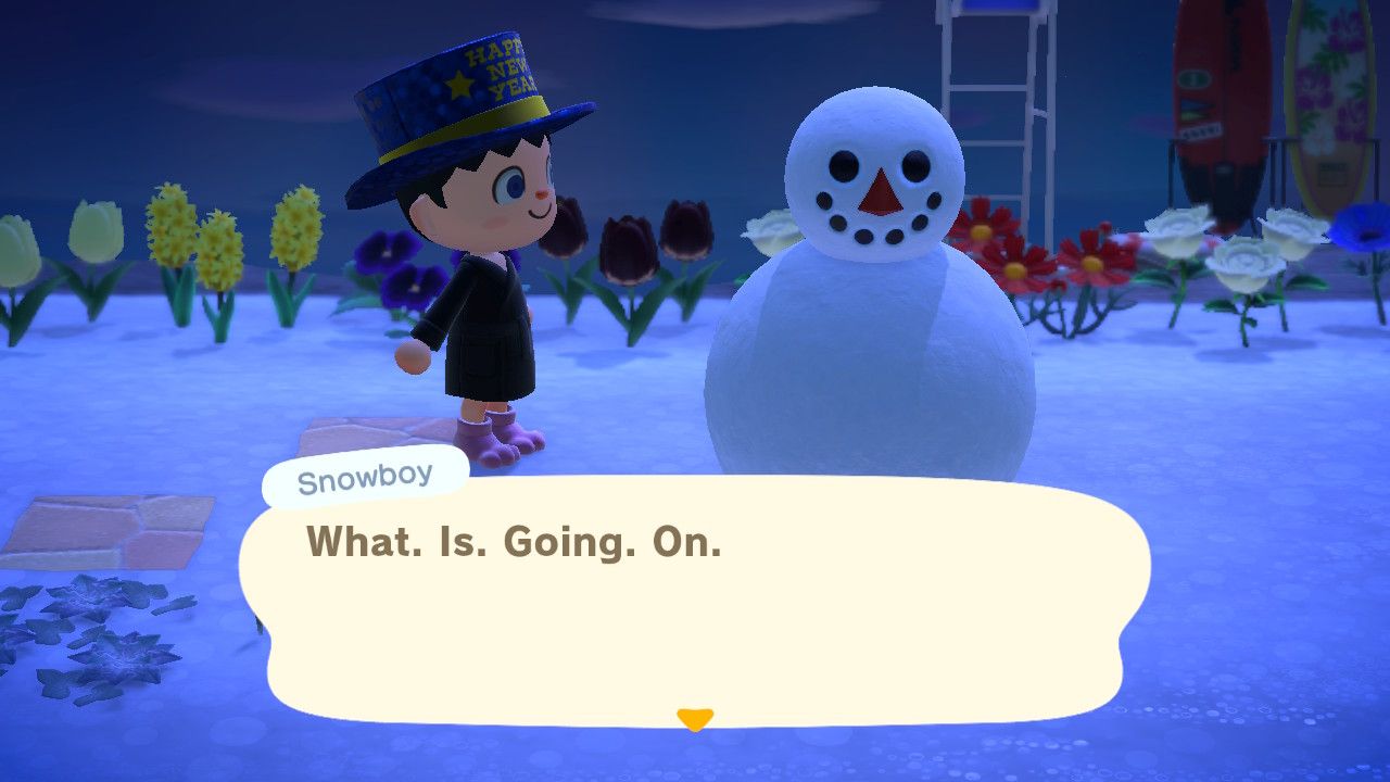 Displeased Animal Crossing snow person saying "What. Is. Going. On."